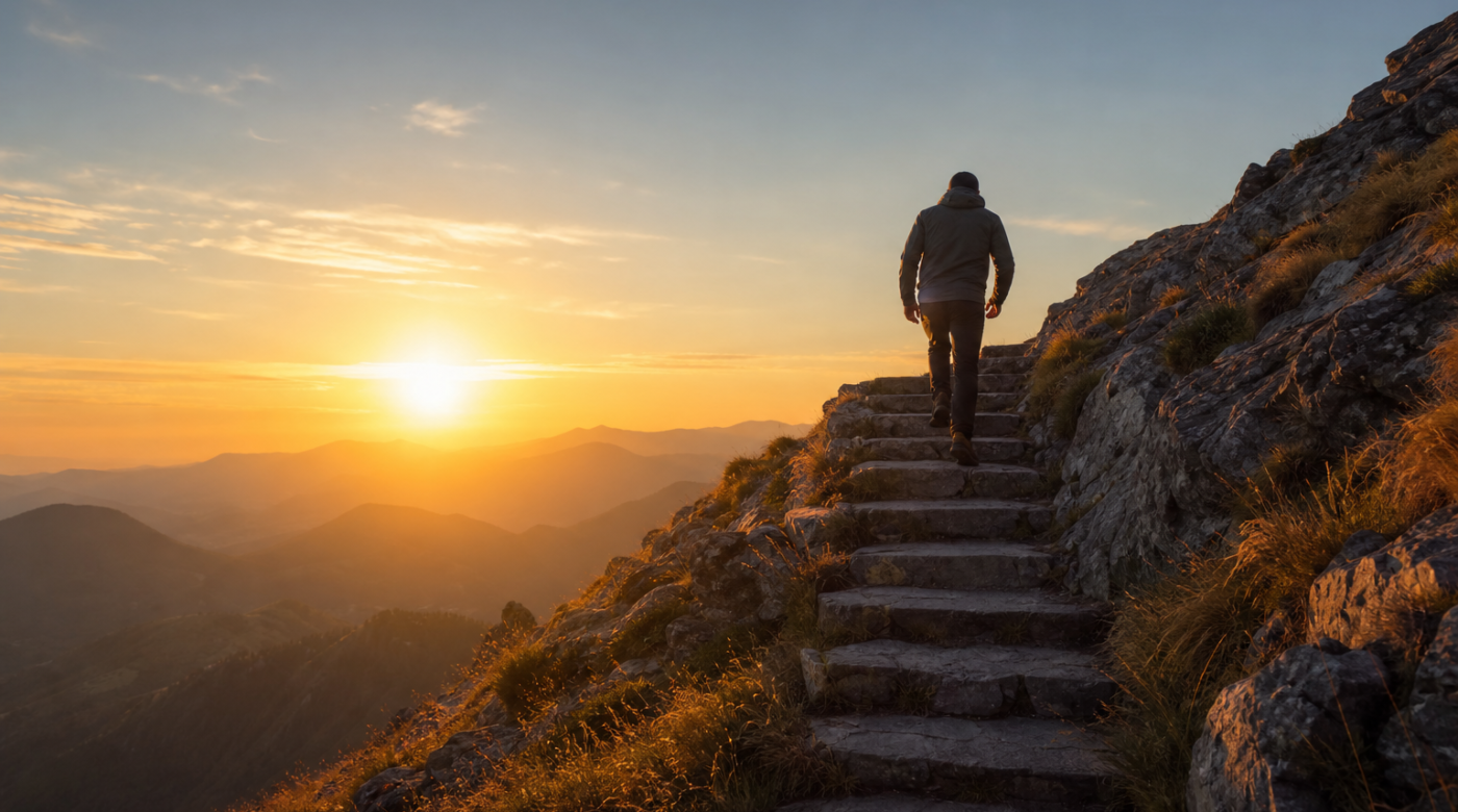 Persona avanzando por escalones iluminados al amanecer