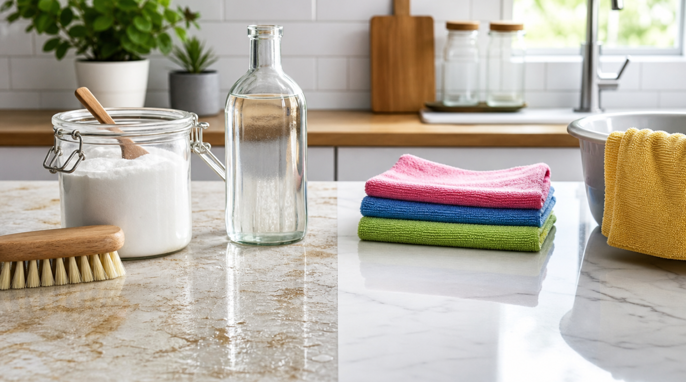 Productos sencillos de limpieza doméstica junto a paños de microfibra