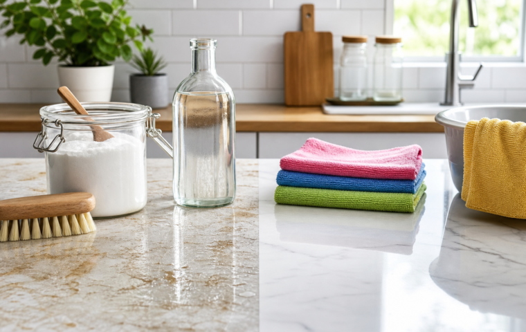 Productos sencillos de limpieza doméstica junto a paños de microfibra