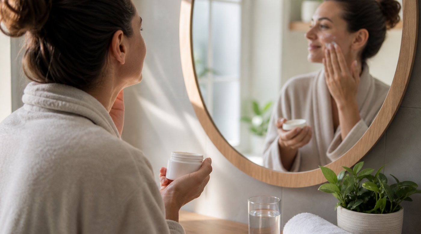 Rutina minimalista de cuidado personal con crema y protector solar