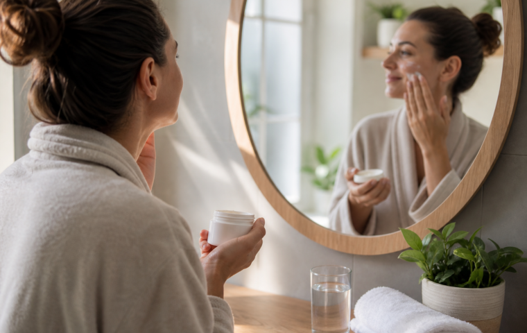 Rutina minimalista de cuidado personal con crema y protector solar