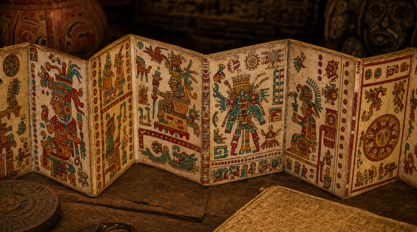Interpretación artística de un códice mesoamericano desplegado