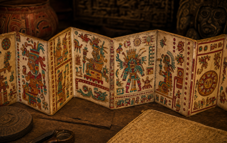 Interpretación artística de un códice mesoamericano desplegado