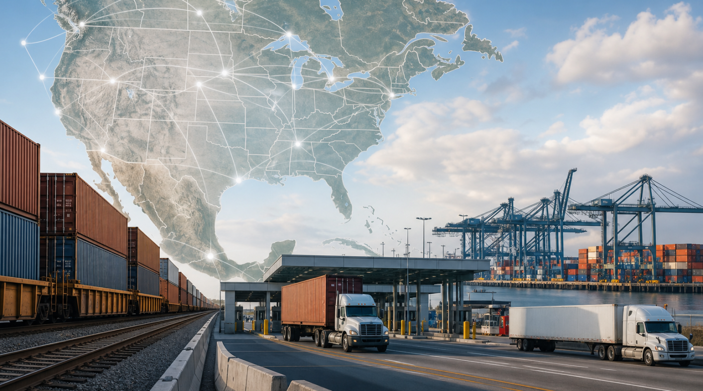 Trenes de carga y contenedores simbolizando el comercio del T-MEC