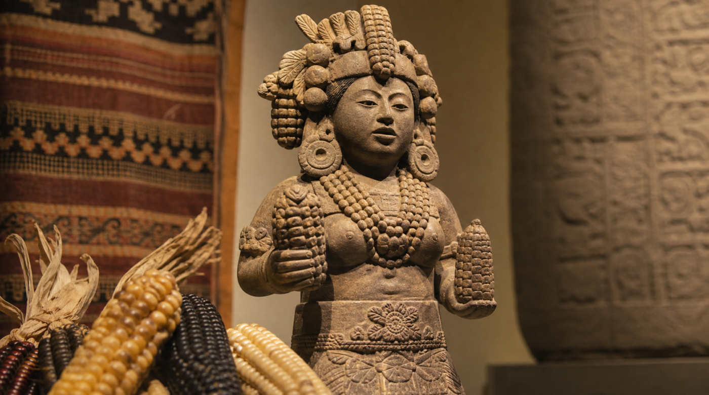 Representación editorial de Chicomecóatl, deidad mexica vinculada al maíz y al sustento