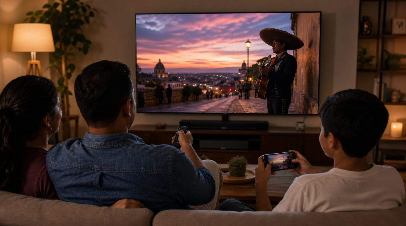 Familia mira un video musical en una televisión conectada mientras usa teléfonos como segunda pantalla