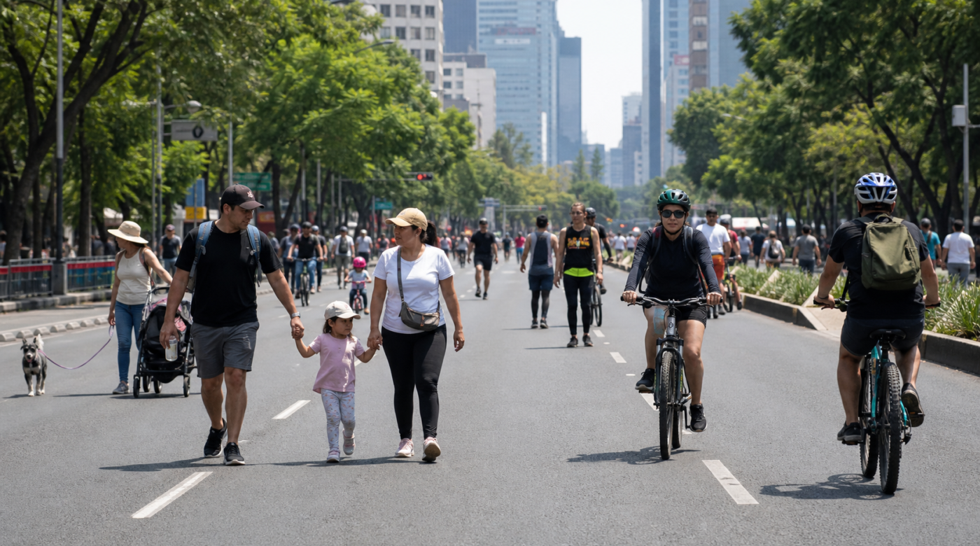 Familias y ciclistas recorren una avenida cerrada al tráfico durante un paseo dominical en CDMX
