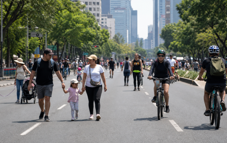 Familias y ciclistas recorren una avenida cerrada al tráfico durante un paseo dominical en CDMX