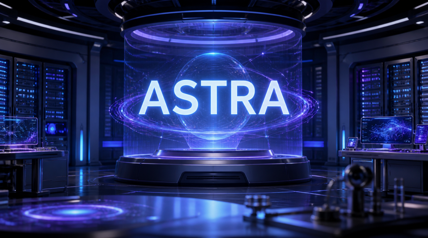 Sala de servidores futurista con un letrero luminoso que dice Astra; imagen ilustrativa