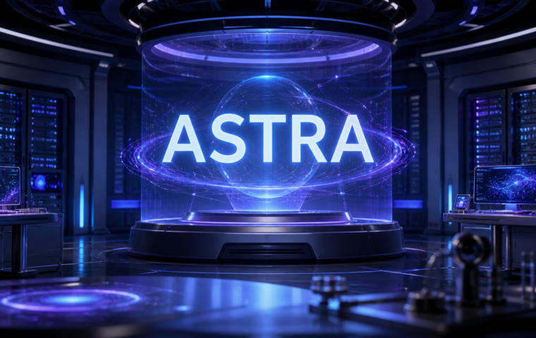 Sala de servidores futurista con un letrero luminoso que dice Astra; imagen ilustrativa