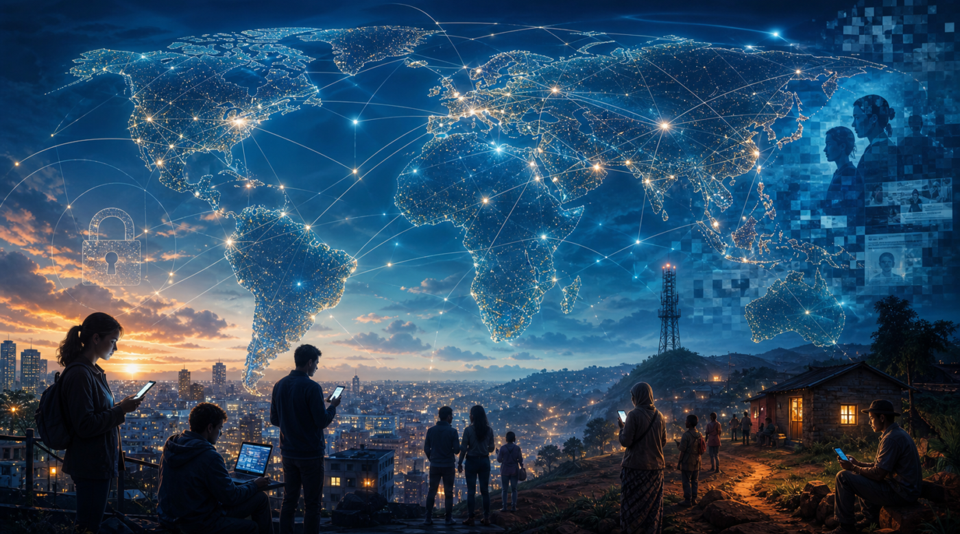 Red digital global que representa conexión, privacidad y brecha de acceso