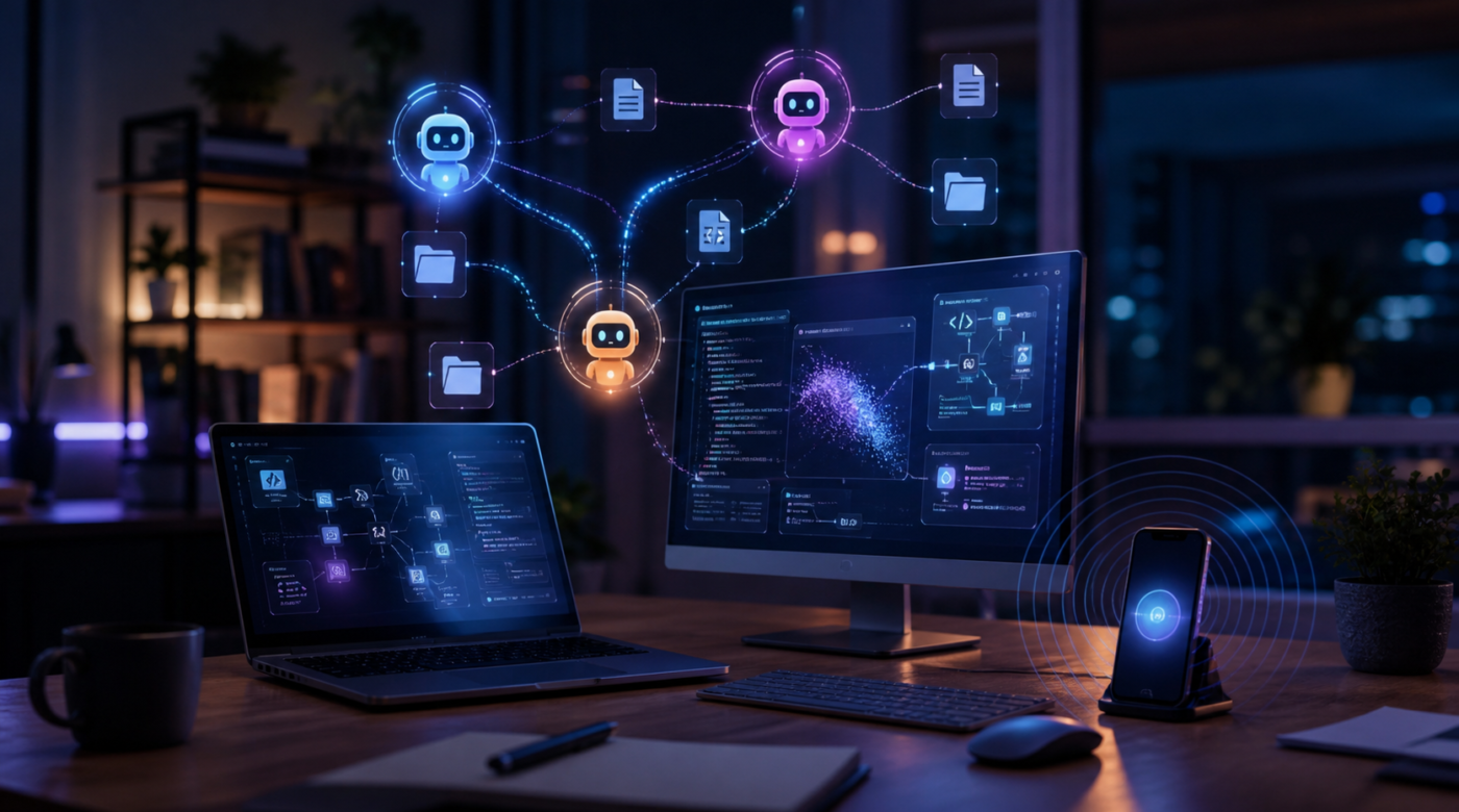 Asistentes de voz y agentes de inteligencia artificial coordinando tareas en una computadora