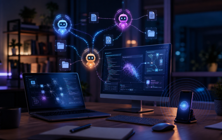Asistentes de voz y agentes de inteligencia artificial coordinando tareas en una computadora