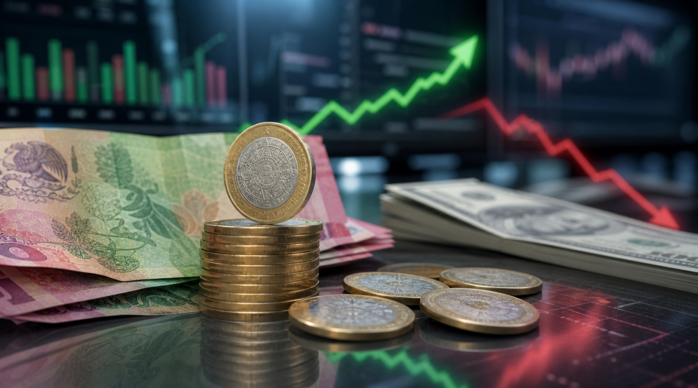 Monedas y billetes mexicanos frente a dólares y gráficas de mercado que ilustran la fortaleza del peso