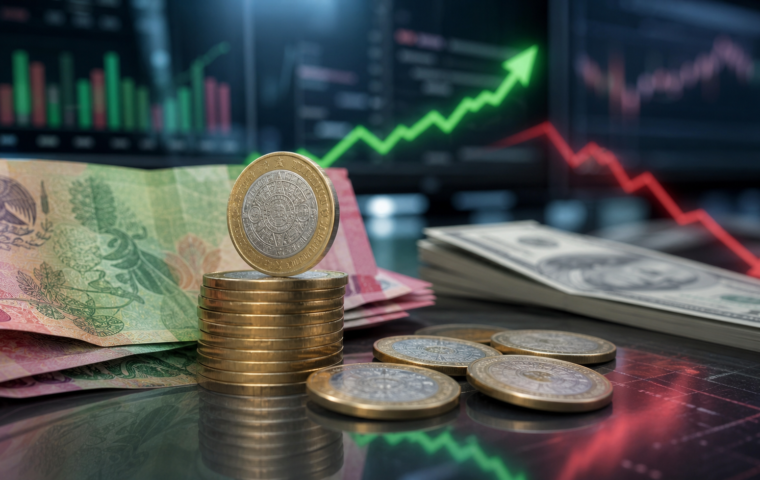 Monedas y billetes mexicanos frente a dólares y gráficas de mercado que ilustran la fortaleza del peso