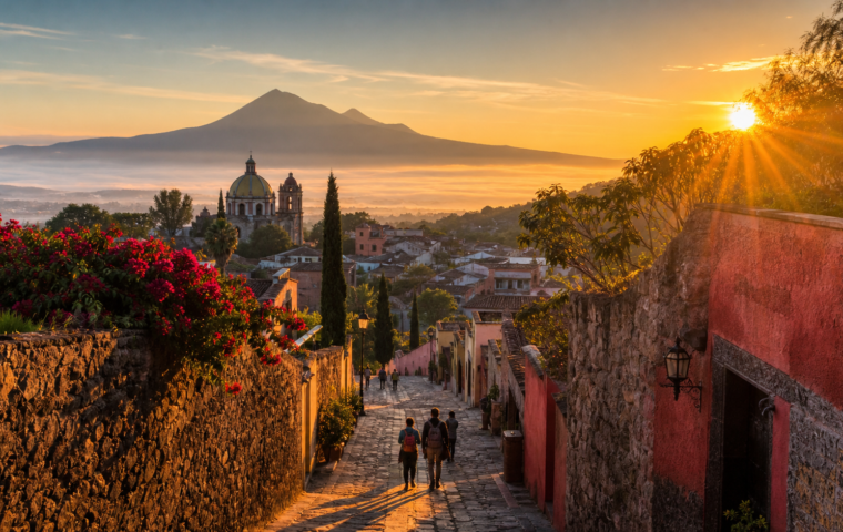 Paisaje turístico mexicano al amanecer con un pueblo colonial, montañas y viajeros en un camino.