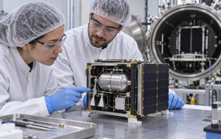 Ilustración editorial de ingenieros revisando un pequeño satélite y su sistema compacto de propulsión en un laboratorio.