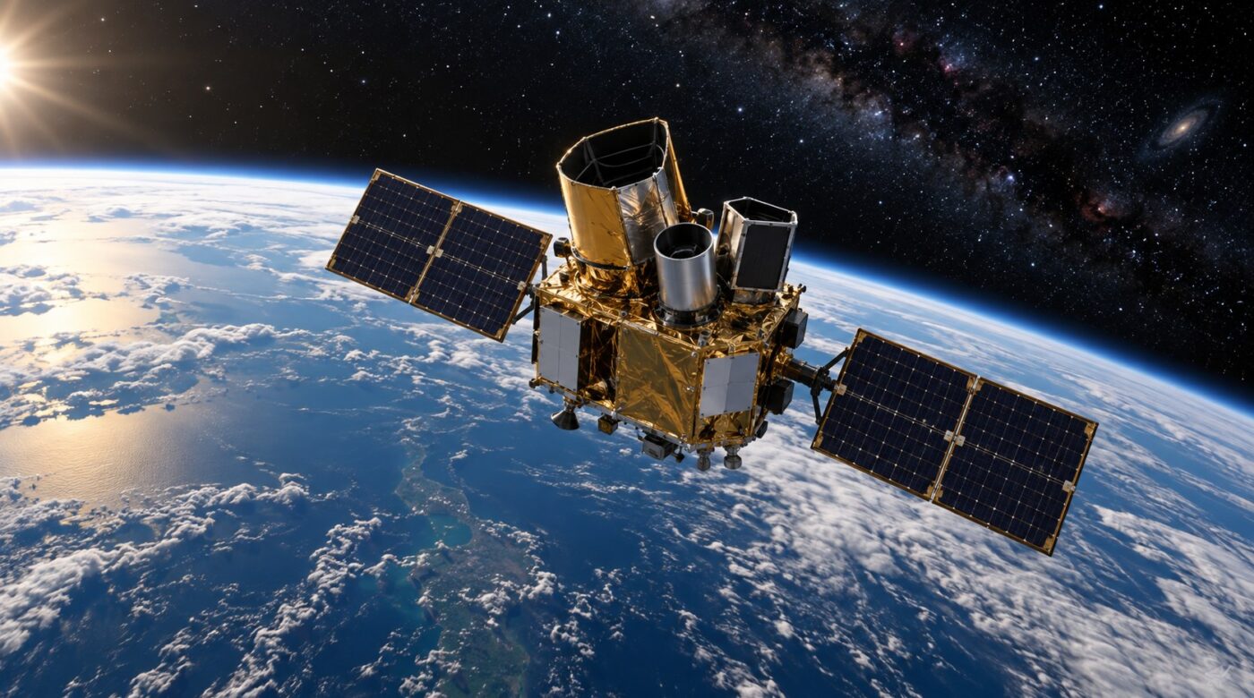 Ilustración editorial de un observatorio espacial sobre la curvatura terrestre, alusiva a la recuperación científica de Swift.