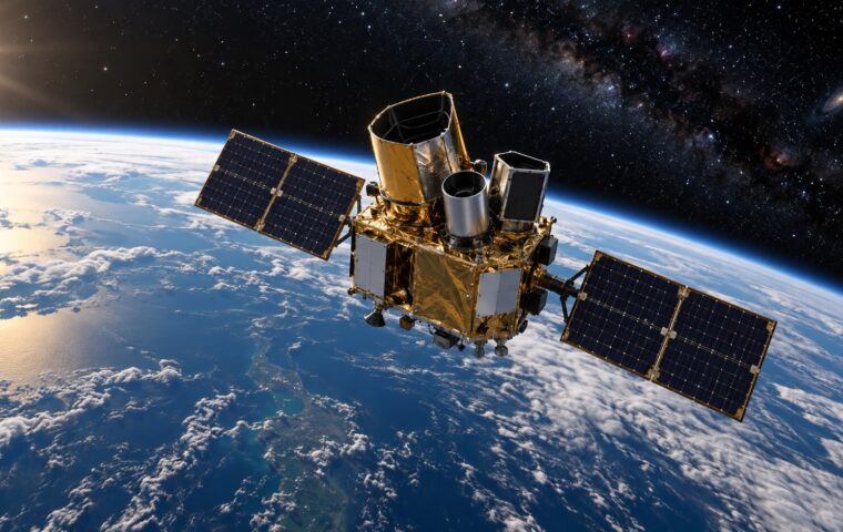 Ilustración editorial de un observatorio espacial sobre la curvatura terrestre, alusiva a la recuperación científica de Swift.