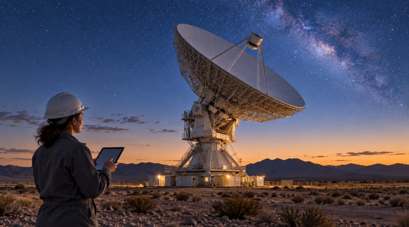 Ilustración editorial de una antena de comunicaciones espaciales y una ingeniera supervisando la recepción de datos.