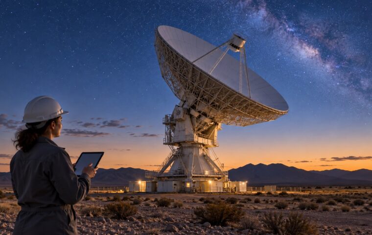 Ilustración editorial de una antena de comunicaciones espaciales y una ingeniera supervisando la recepción de datos.