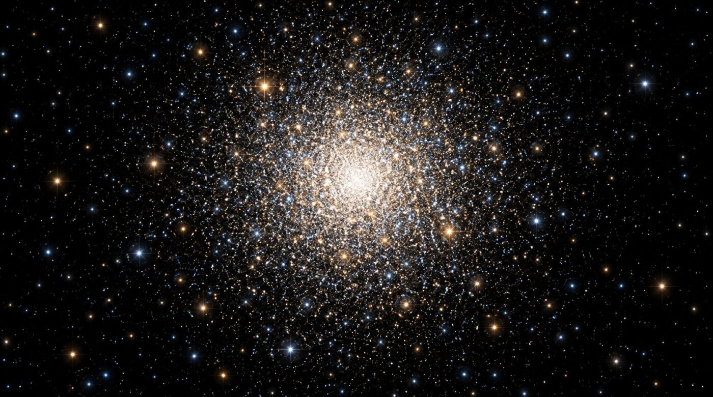 Ilustración editorial de un cúmulo globular densamente poblado por estrellas blancas y doradas.