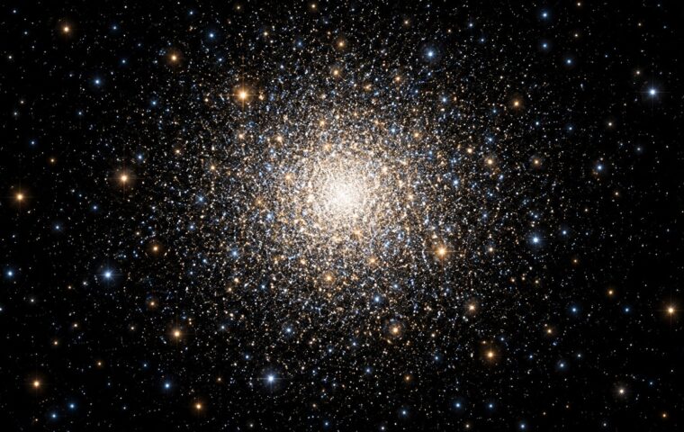 Ilustración editorial de un cúmulo globular densamente poblado por estrellas blancas y doradas.