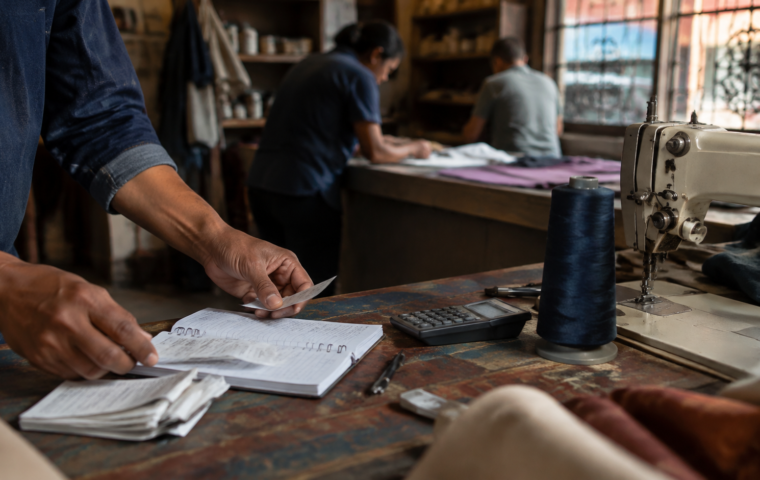 Manos revisando recibos y una libreta junto a una máquina de coser en un taller, imagen editorial sobre empleo e informalidad laboral.