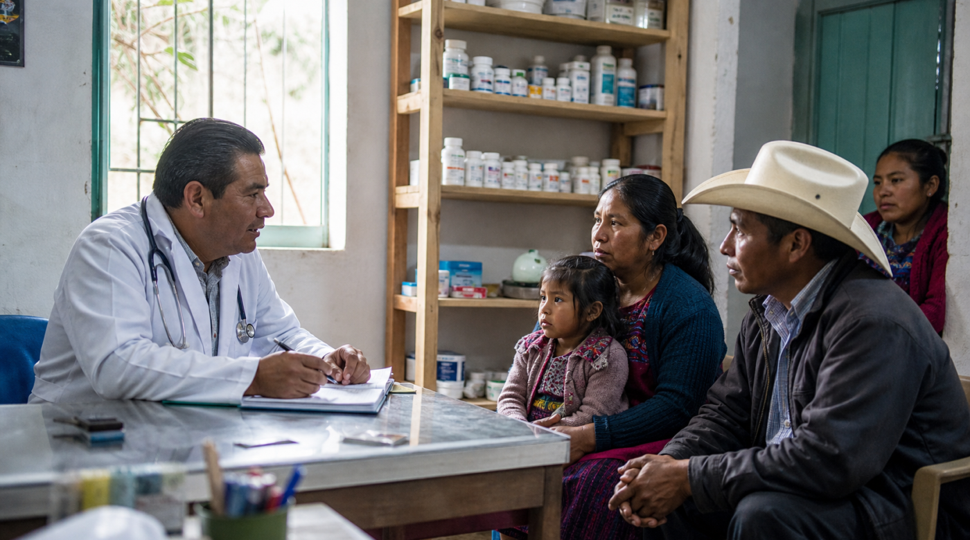 Consultorio comunitario con médico, computadora, estantes de medicamentos y una familia esperando atención.