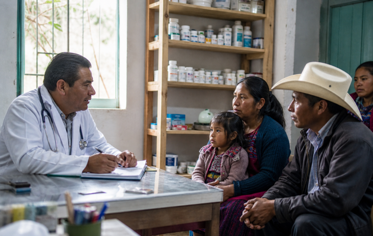 Consultorio comunitario con médico, computadora, estantes de medicamentos y una familia esperando atención.
