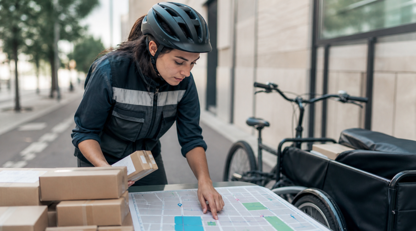 Repartidora organizando paquetes por rutas de colonia junto a una motocicleta y un mapa urbano mexicano