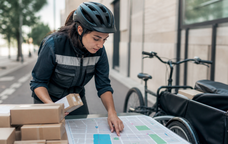 Repartidora organizando paquetes por rutas de colonia junto a una motocicleta y un mapa urbano mexicano