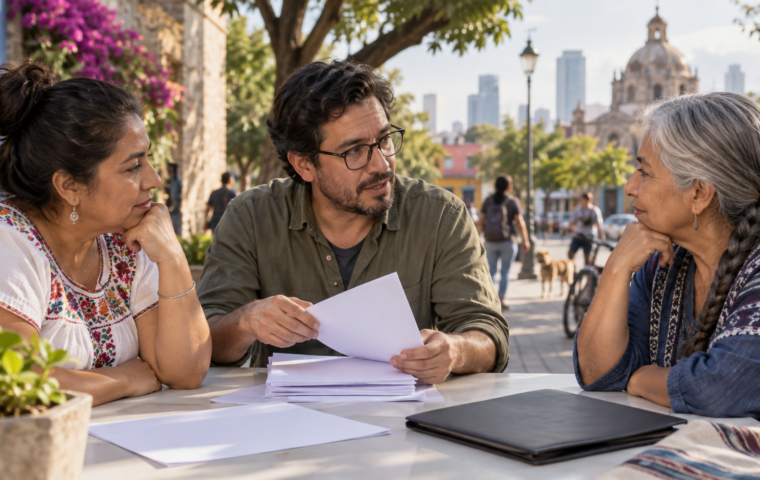Ilustración generada con IA de tres personas dialogando sobre documentos de participación política.