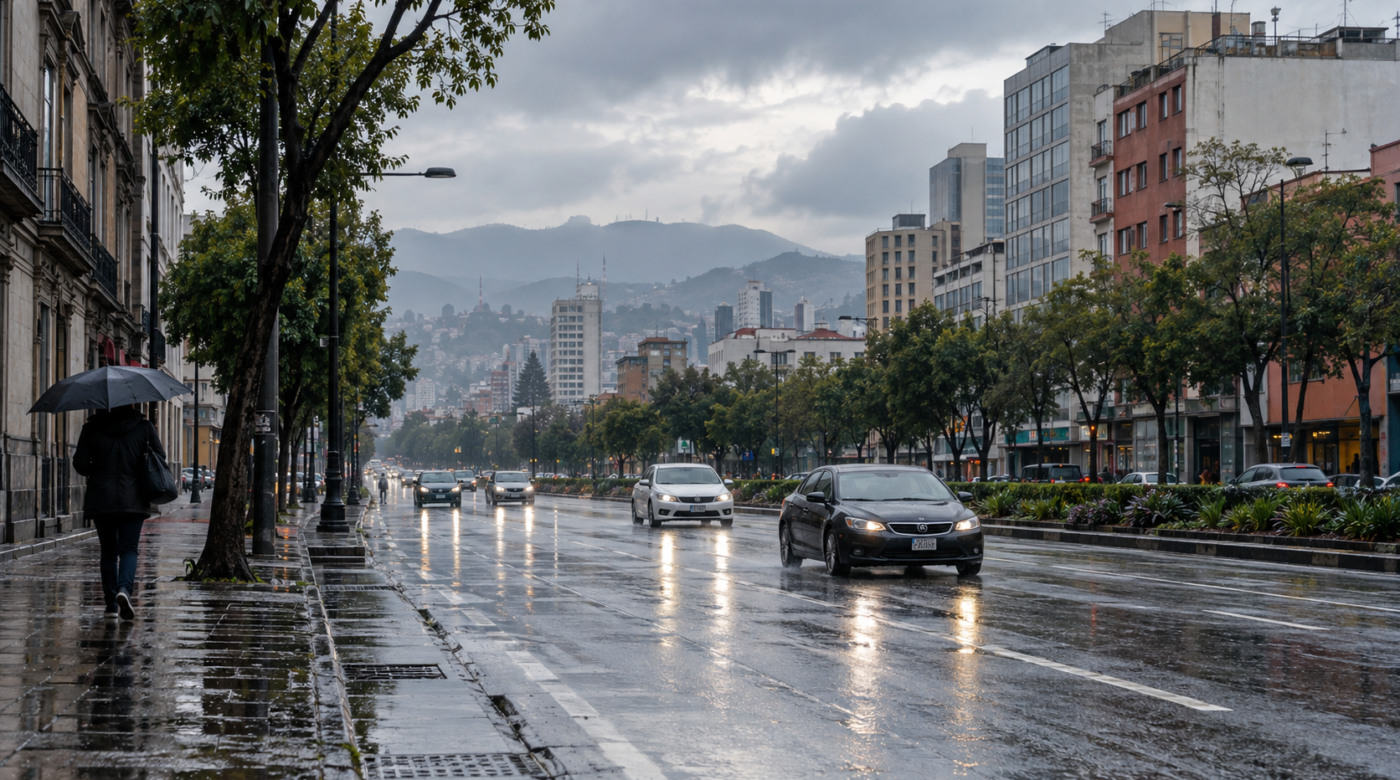 Ilustración generada con IA de un peatón con paraguas y vehículos en una avenida mojada; no es una fotografía del clima actual.