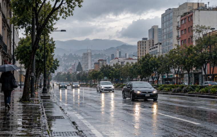 Ilustración generada con IA de un peatón con paraguas y vehículos en una avenida mojada; no es una fotografía del clima actual.