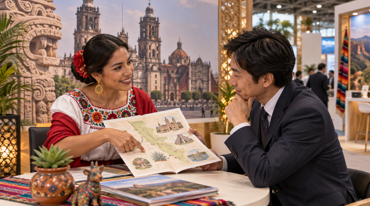 Ilustración conceptual generada con IA de una reunión turística entre profesionales mexicanos y japoneses; no documenta la delegación ni el recinto reales de Tourism Expo Japan.