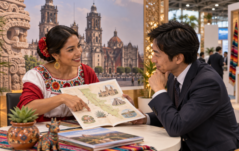 Ilustración conceptual generada con IA de una reunión turística entre profesionales mexicanos y japoneses; no documenta la delegación ni el recinto reales de Tourism Expo Japan.