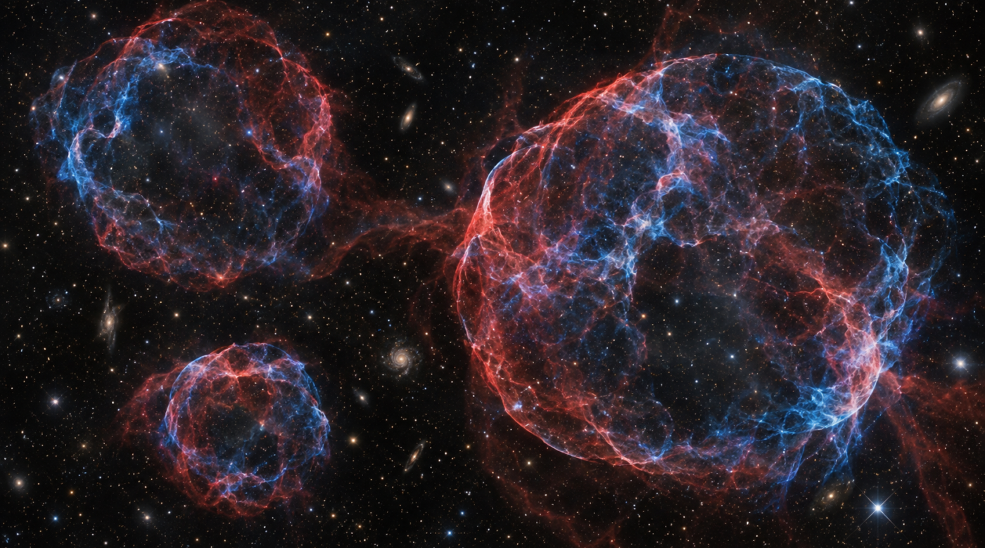 Ilustración conceptual generada con IA de filamentos rojos y azules de restos estelares; no es la fotografía real de Auriga seleccionada por NASA.