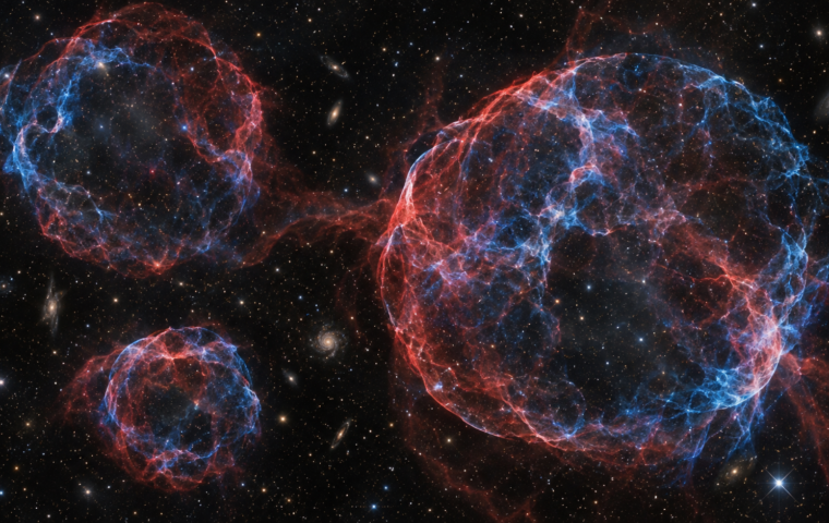 Ilustración conceptual generada con IA de filamentos rojos y azules de restos estelares; no es la fotografía real de Auriga seleccionada por NASA.