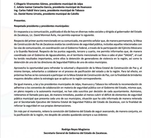 Carta del secretario general de Gobierno de Zacatecas dirigida a presidentes municipales sobre coordinación y seguridad pública