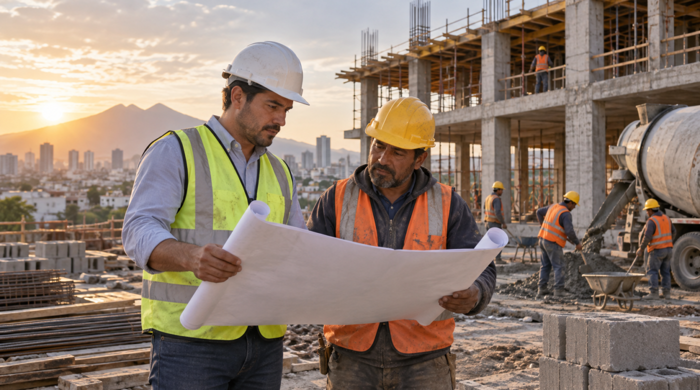Ilustración generada con IA de un equipo de construcción que revisa planos en una obra mexicana.