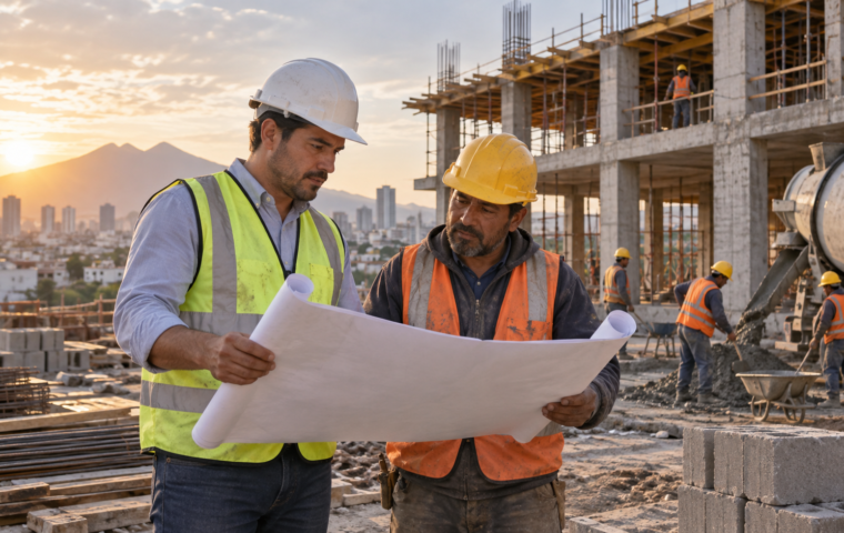 Ilustración generada con IA de un equipo de construcción que revisa planos en una obra mexicana.