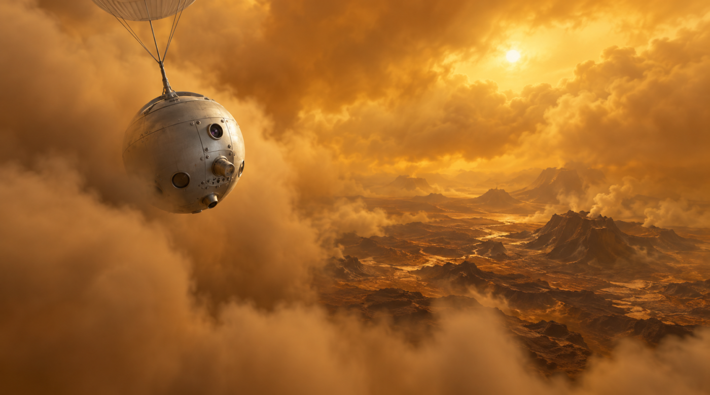 Ilustración generada con IA de una sonda descendiendo entre nubes de Venus; concepto de misión futura, no fotografía del ensayo DAVINCI.