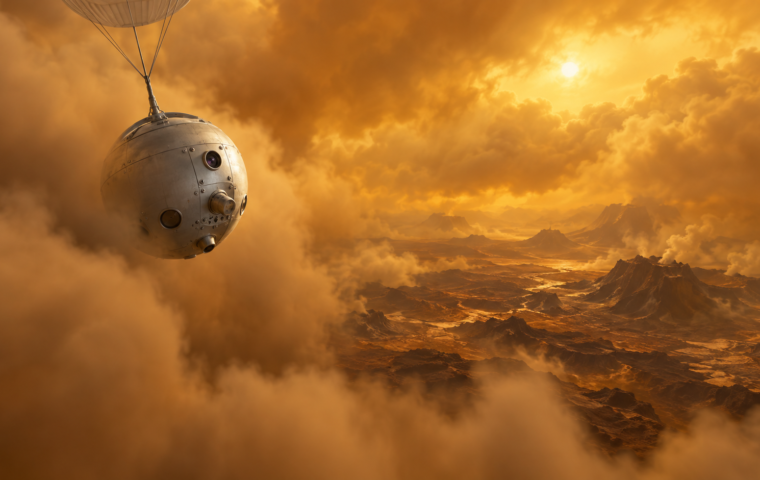 Ilustración generada con IA de una sonda descendiendo entre nubes de Venus; concepto de misión futura, no fotografía del ensayo DAVINCI.