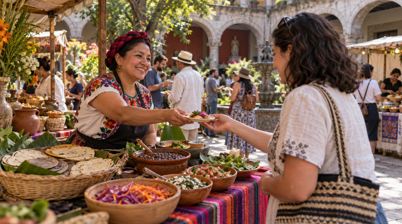 Ilustración generada con IA de una cocinera que entrega una degustación a un visitante en una feria cultural.
