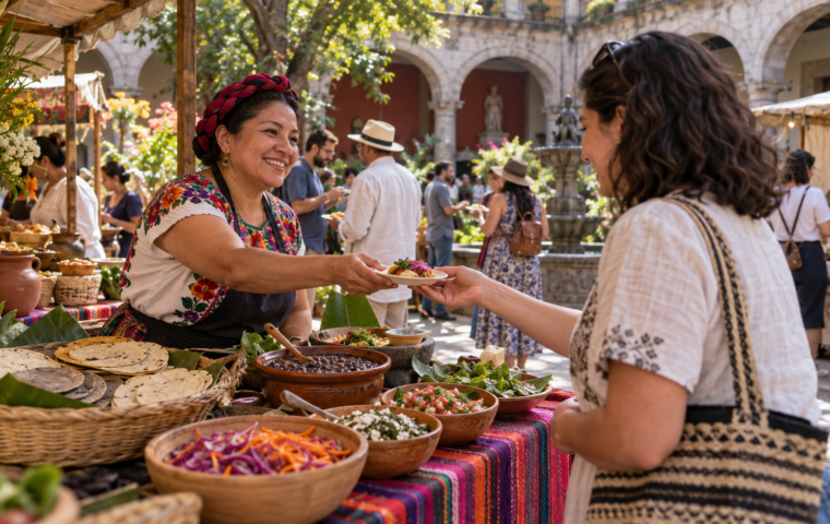Ilustración generada con IA de una cocinera que entrega una degustación a un visitante en una feria cultural.
