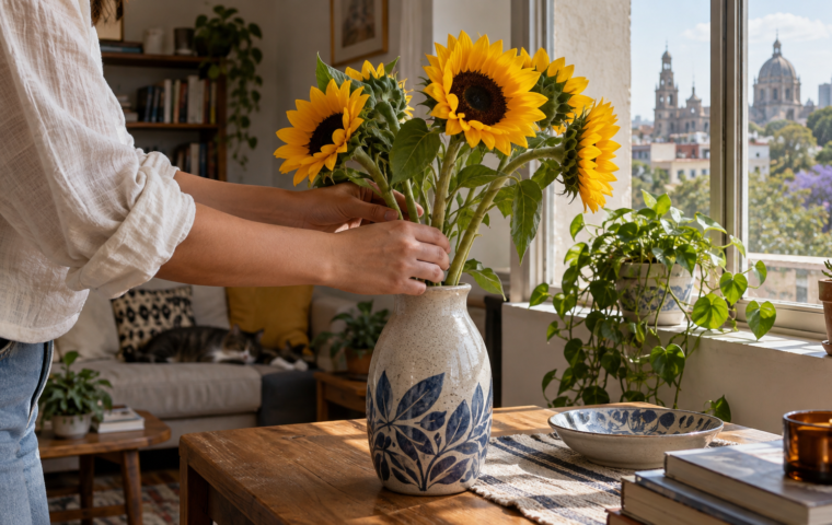 Ilustración generada con IA de manos acomodando girasoles amarillos en un florero dentro de un hogar.