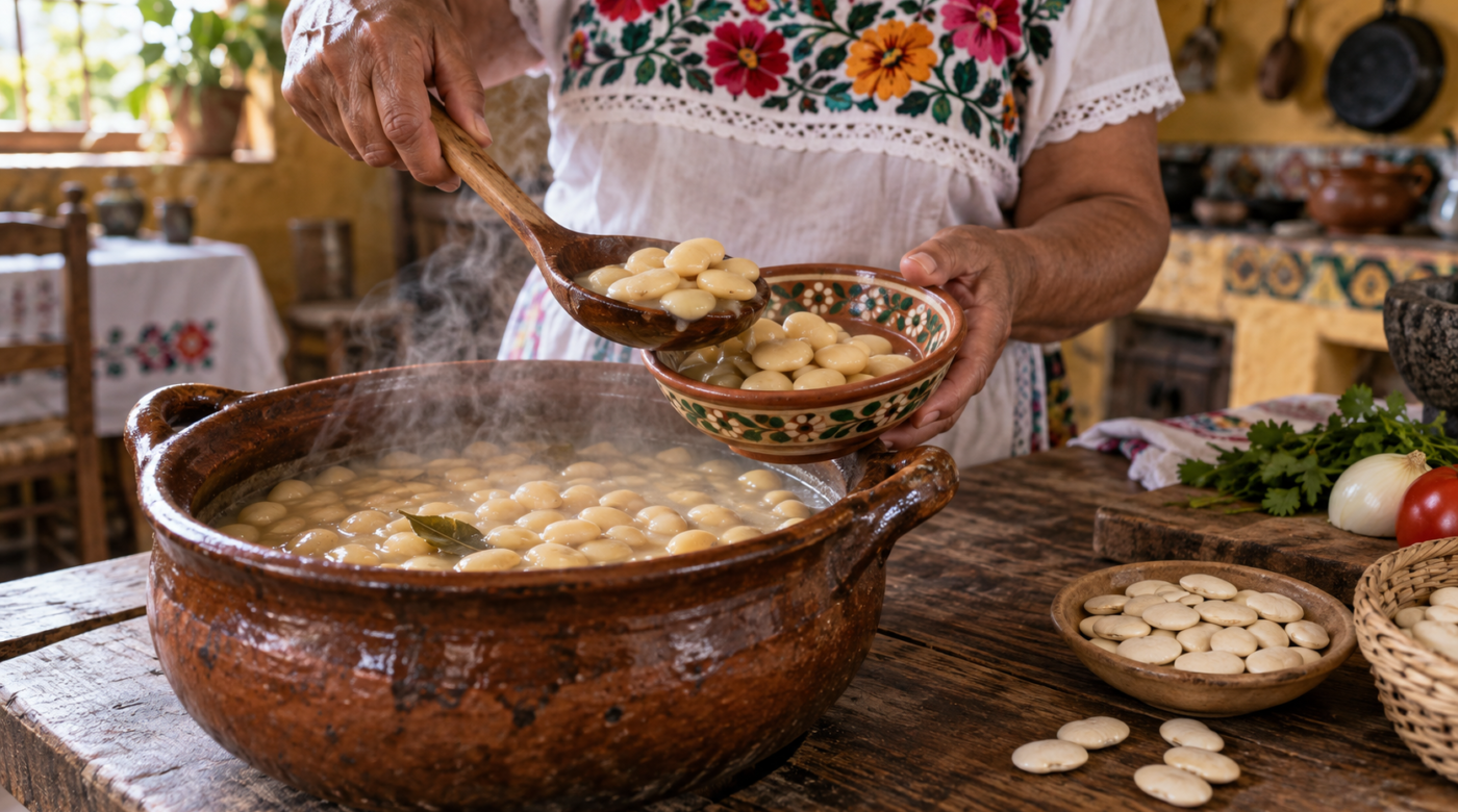 Ilustración generada con IA de frijoles lima cocidos servidos en una cocina yucateca.
