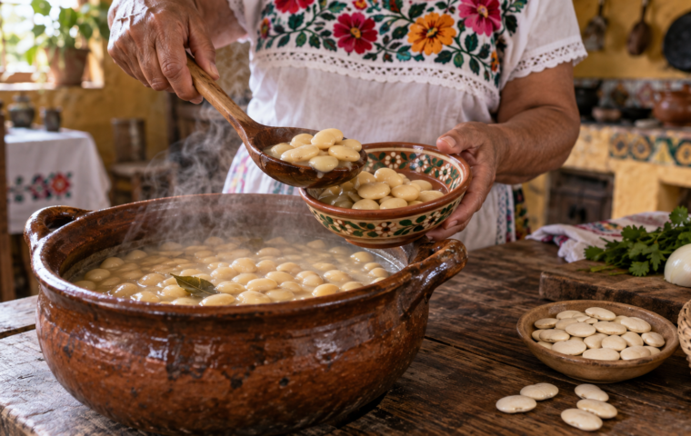 Ilustración generada con IA de frijoles lima cocidos servidos en una cocina yucateca.