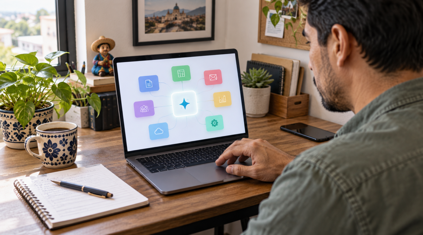 Ilustración conceptual de una computadora con tarjetas de aplicaciones conectadas a un asistente de inteligencia artificial; no representa una interfaz real.